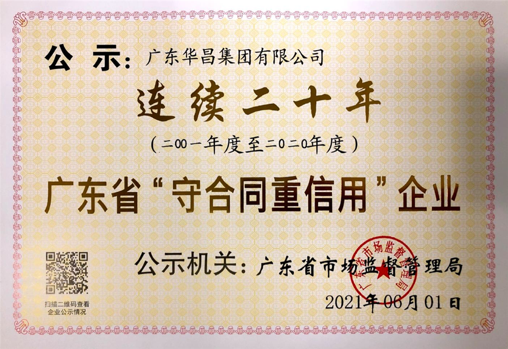 一连20年获得“广东省守条约重信用企业”声誉称呼-伟昌铝材